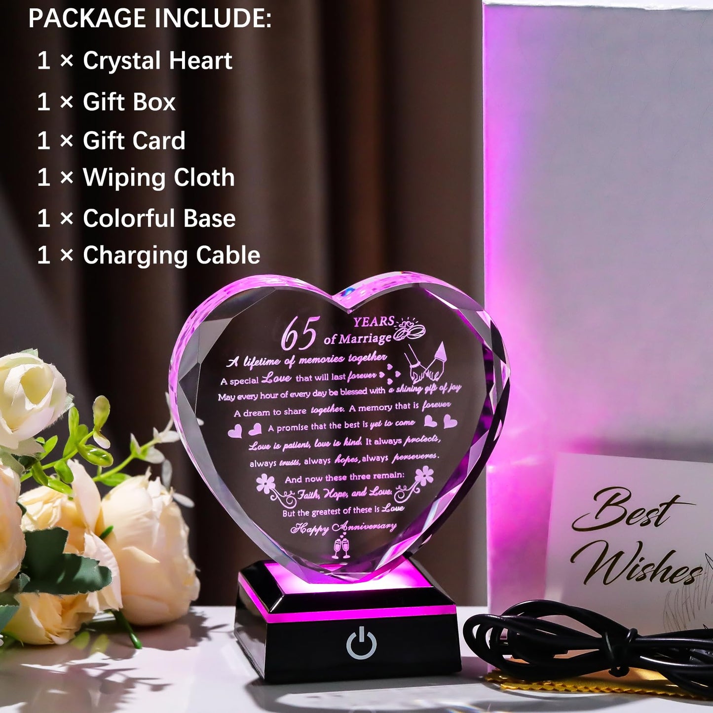 Happy 65th Wedding Anniversary Crystal Gifts for Couples Parents with Light Base, Romantic Heart 65th Anniversary Keepsake Gifts for Her Him, 65 Years of Marriage Gift for Wife Husband