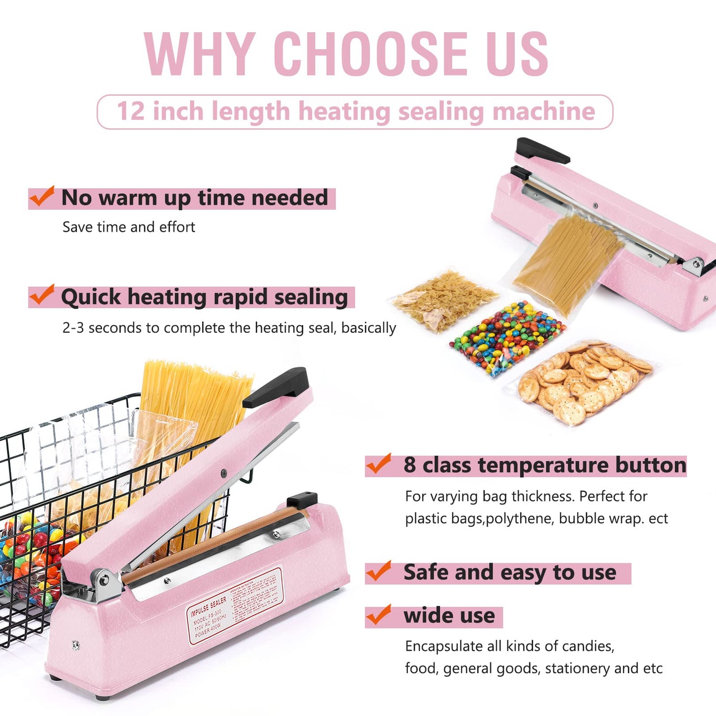 METRONIC Impulse Sealer 12 inch, Manual Heat Sealer Machine for Plastic Bags, Shrink Wrap Bag Sealers Heavy Duty Sealing Machine with Repair Kit (Pink)