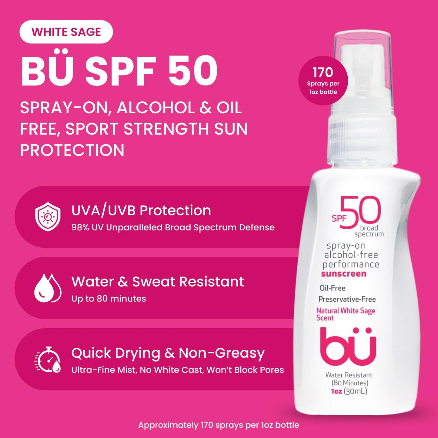 BU SPF 30 Sunscreen Spray for Face and Body, Non Aerosol Spray, Clear WOWmist, TSA Travel Size Sunblock, Oil Free and Water Resi