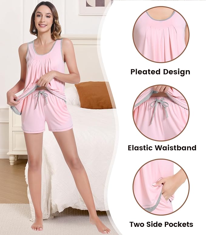 NACHILA Pajamas for Women-Viscose from Bamboo, Ribbed Racerback Tank Top Sexy Split Shorts Pajama Sets Cooling Sleep Cami Pjs