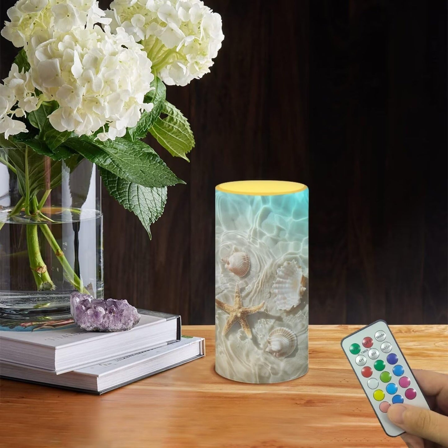 Poceacles Beach Starfish Seashell Flameless Candle Battery Powered With Remote Control 12 Colors 4/8 Hours Timer Led Night Light