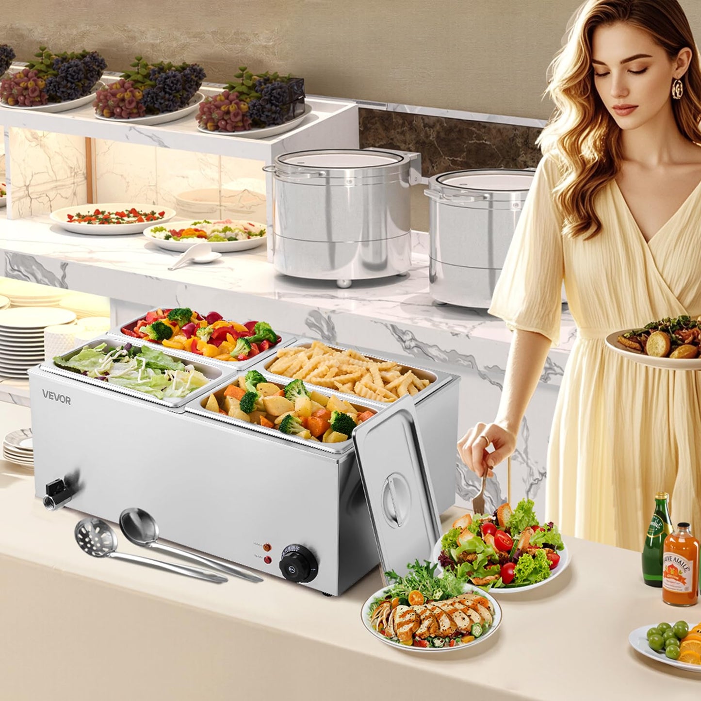 VEVOR 4-Pan Commercial Food Warmer, 24QT Electric Steam Table, 1200W Professional Countertop Stainless Steel Buffet Bain Marie with 86-185°F Temp Control for Catering and Restaurants, Silver