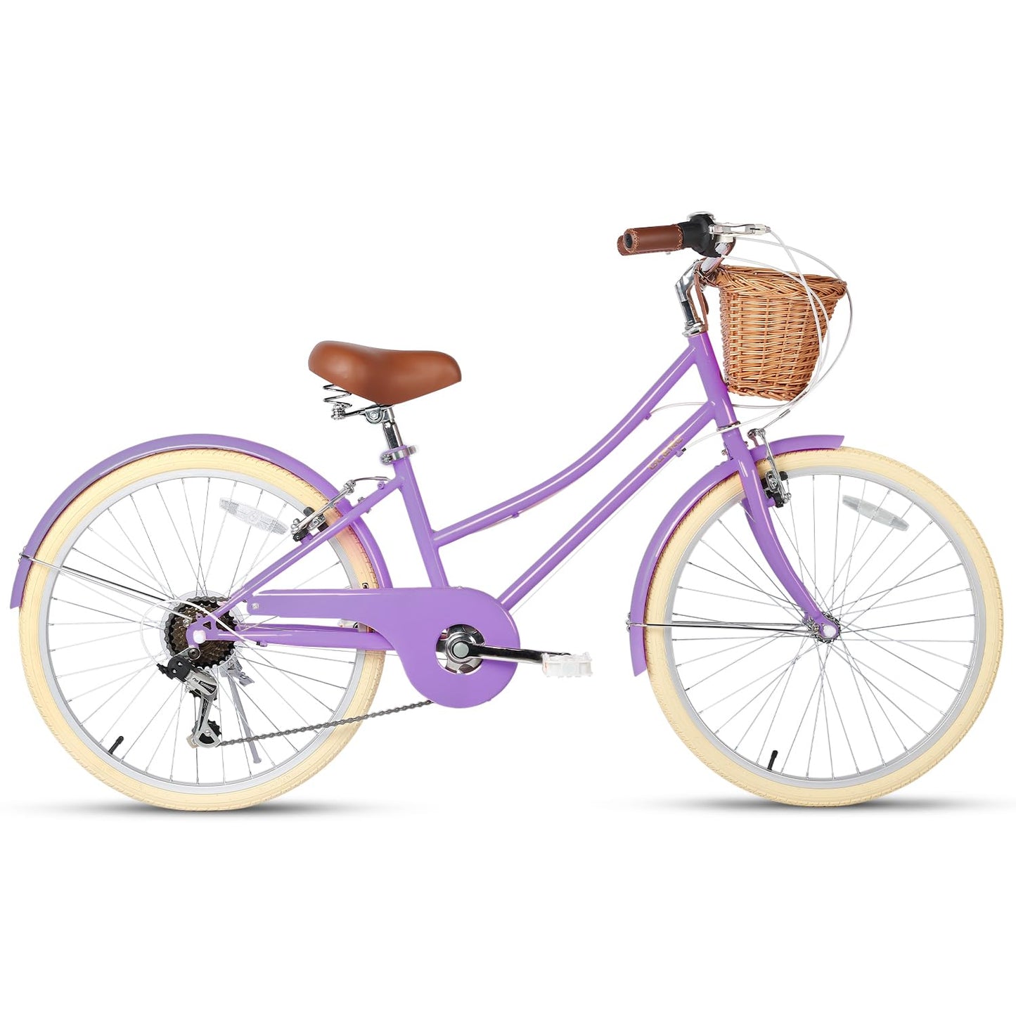 Glerc 24 Inch Beach Cruiser Bike, 6-Speed Hybrid City Bicycle for Girls Youth and Over 6 Years Old, Missy Bike with Wicker Basket & Lightweight, Purple