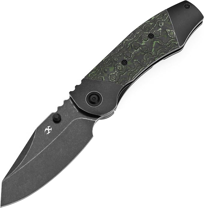 KANSEPT Caveman Pocket Knife, 3.57"Blackwash CPM 20CV Blade, Jungle Wear Carbon and Black Titanium Handle with Thumb stud,...