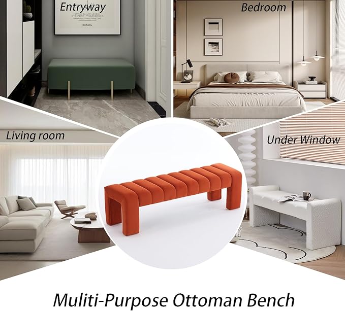 AIITTCC Velvet End of Bed Bench Upholstered Modern 59" Bedroom Bench for King Bed Bench Tufted Window Bench Comfy Long Ottoman for Living Room/Entry/Indoor (Orange, 59" Wide)