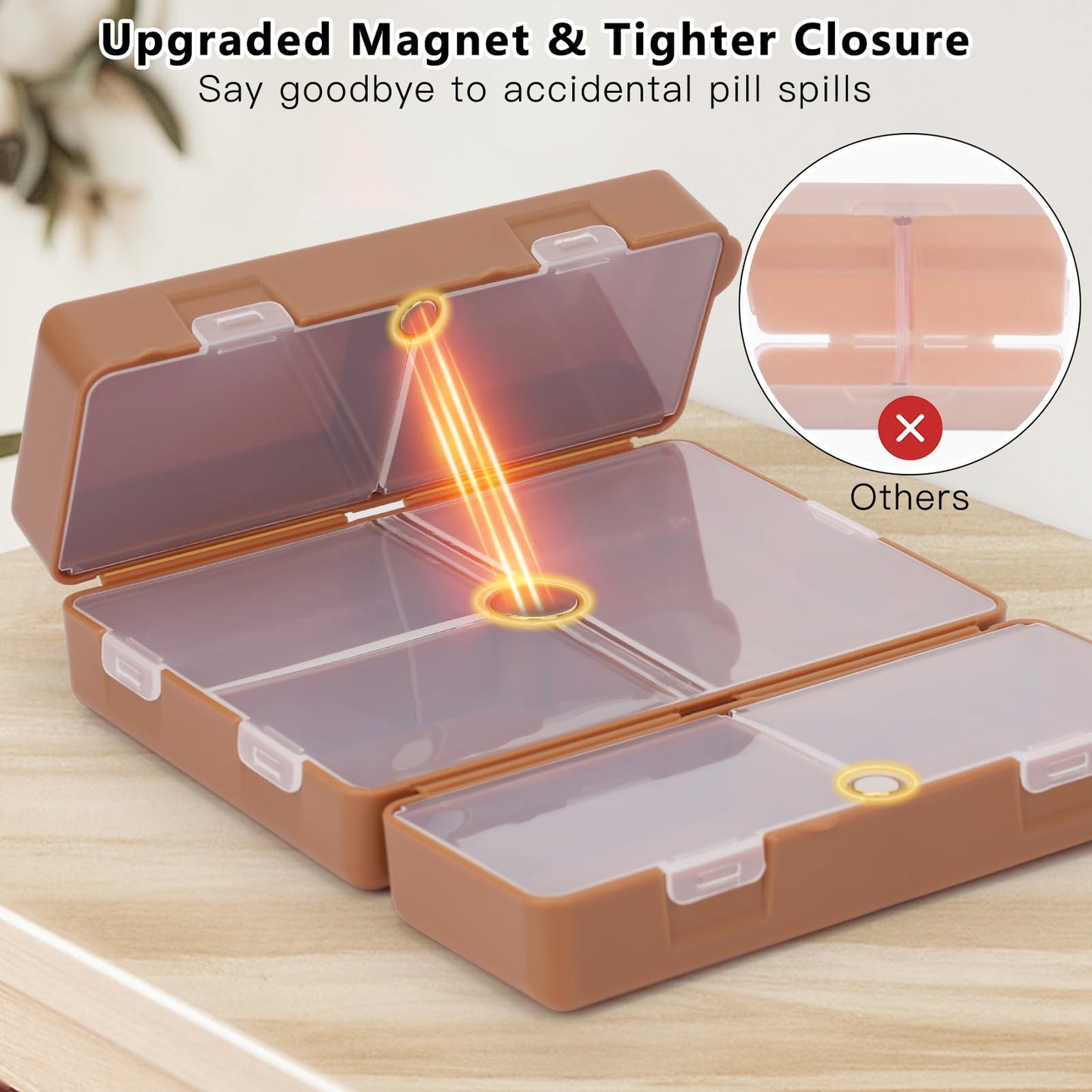FYY 2 Pcs Daily Pill Organizer, 7 Compartments Portable Pill Case Travel Pill Organizer,[Folding Design] Pill Box for Purse Pocket to Hold Vitamins,Cod Liver Oil,Supplements and Medication-Brown
