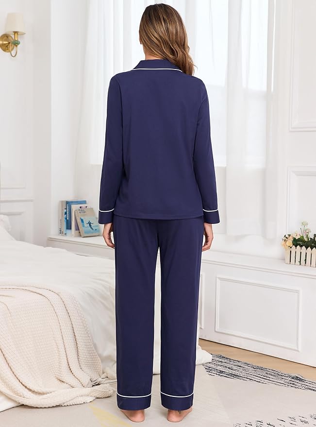 Veseacky 100% Cotton Pajamas for Women Set Long Sleeve Button Down Sleepwear Soft Pjs Lounge Sets with Pockets XS-XXL