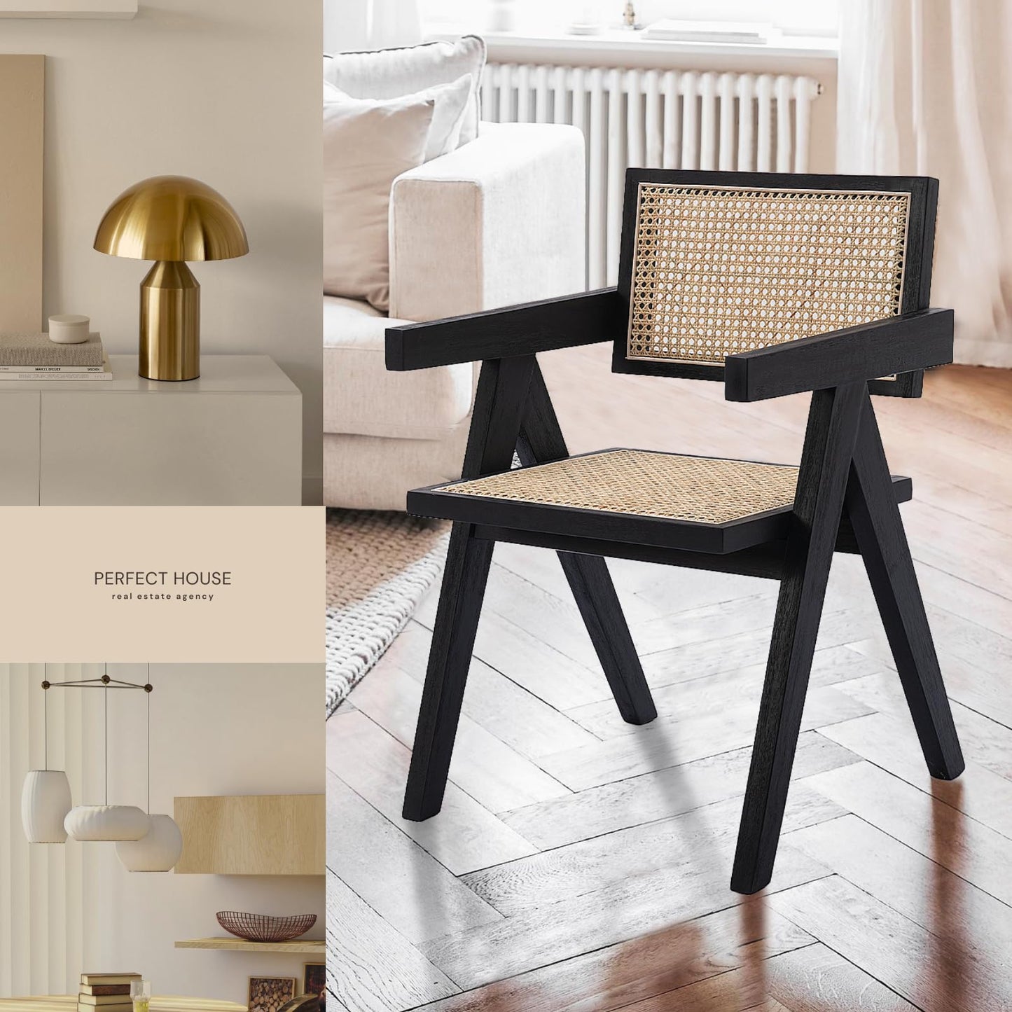 ChicAura Rattan Dining Chairs Set of 4, Mid Century Modern Dining Room Chairs Wicker Armchair Comfy Side Chair Black Wood Boho Kitchen Cane Side Chairs with Arms for Dining Room Bistro