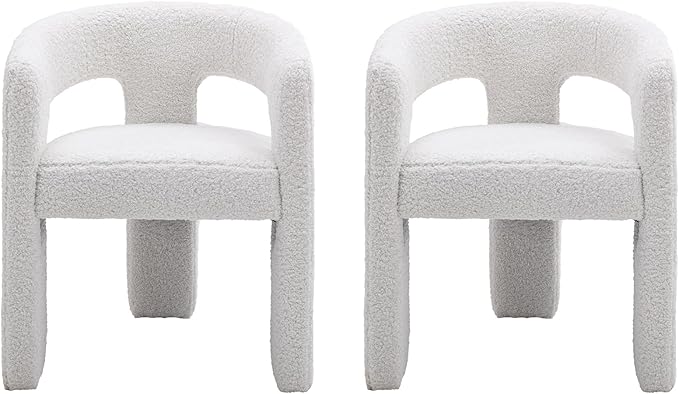 DAYALANE White Boucle Dining Chairs Set of 2, Upholstered Sherpa Kitchen Chairs with Arms Comfy Barrel Side Chair for Living Room/Dining Room/Reception, White Fur