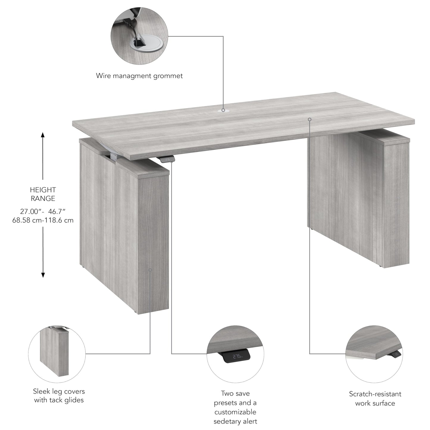 Bush Business Furniture 60-inch Electric Height Adjustable Standing Desk, Ergonomic Sit-Stand Computer Table for Home and Professional Office, Stratus Collection, Platinum Gray with Metallic Gray Base