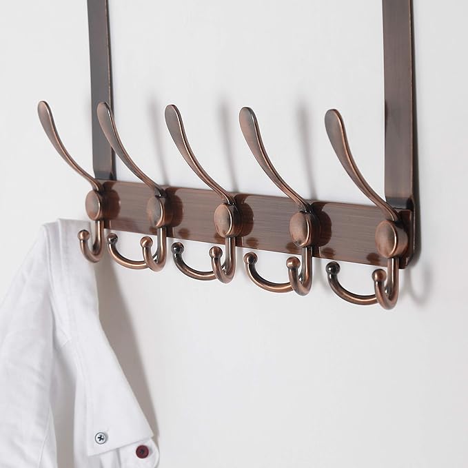 Dseap Over The Door Hook Hanger - 5 Tri Hooks, Heavy Duty Over The Door Towel Rack Coat Rack for Clothes Hat Towel,Red Antique Copper