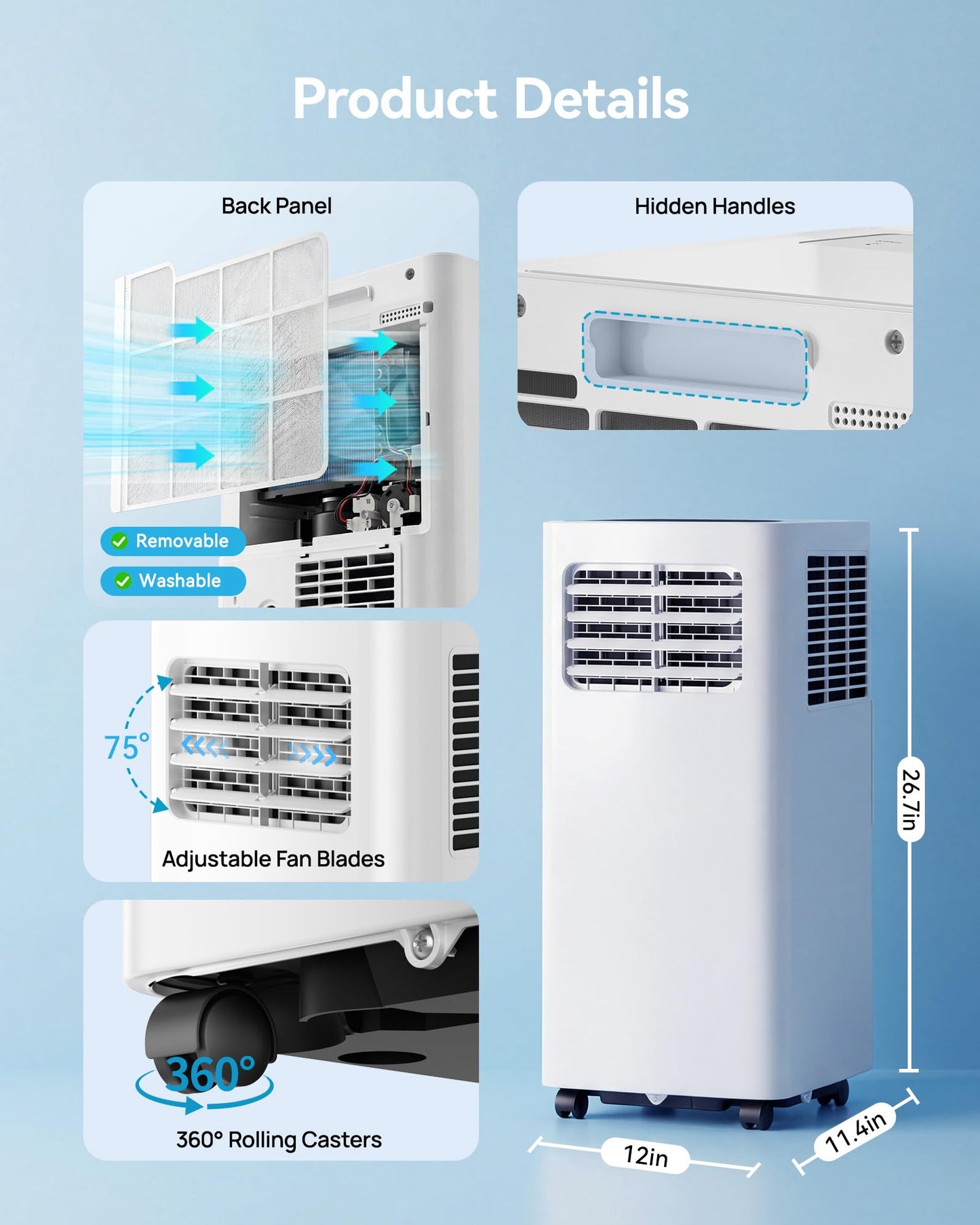 Feelfunn 8000 BTU Portable Air Conditioner, 3-in-1 Cools 350 Sq.Ft, Quiet AC with Fan & Dehumidifier, LED Display, Remote, 24H Timer, Window Kit, for Bedroom/Office/Dorms