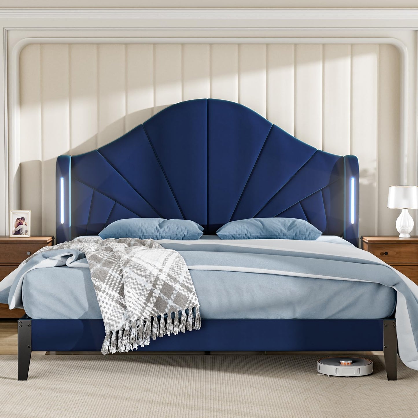 LegacyAmerhome Queen Size Bed Frame with Headboard Touch LED Lights, Wingback Upholstered Platform Bed Queen Size Modern Design No Box Spring, Easy Assembly Contemporary Sleep Solution, Velvet Blue