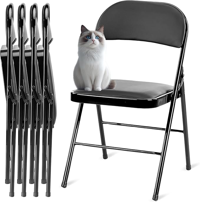 Simple Deluxe 4 Pack Folding Chairs with Padded Leather Cushion Seats & Durable Metal Frame, Comfortable, Foldable, Portab...