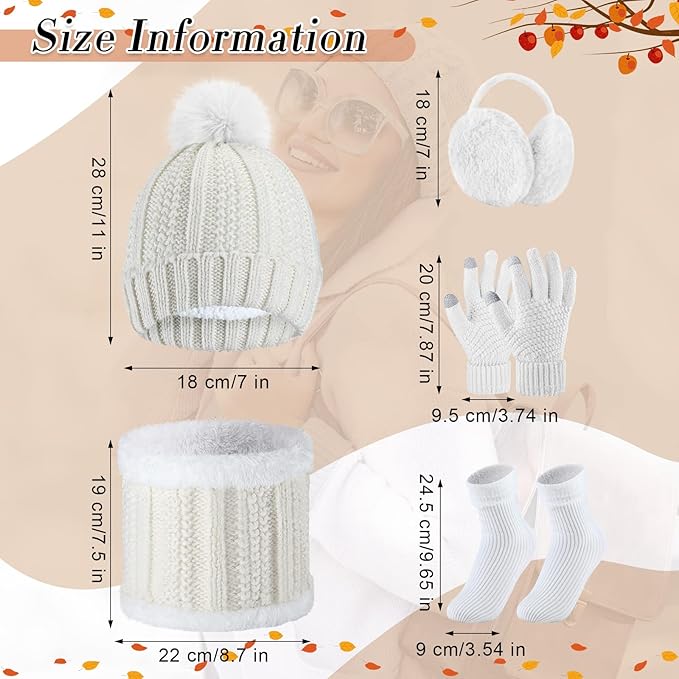 SATINIOR 5 Pcs Winter Hat Scarf Gloves Set Fleece Warm Lined Knit Beanie Hat Touch Screen Earmuff Gloves Warmer for Women(White,Classic Style)