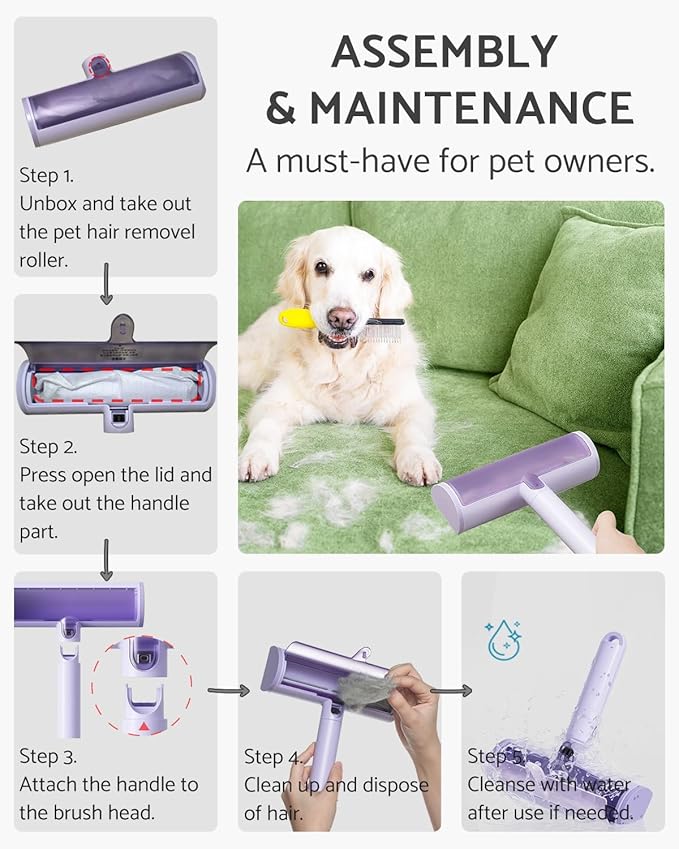 Pet Hair Remover, Reusable Cat & Dog Hair Removal Tool, Fur Removal Tool, Reusable Lint Roller for Furniture, Couch, Carpet and Bedding, Easy to Use & Clean Out (Purple)
