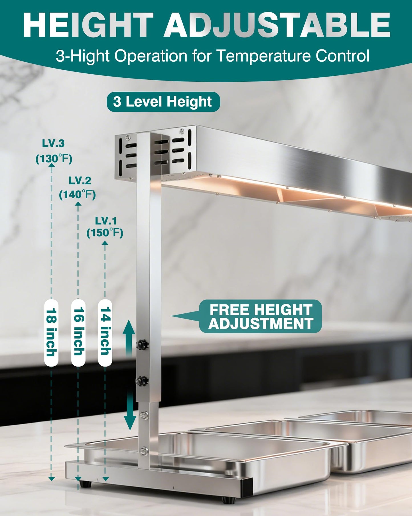WantJoin Food Heat Lamp 48'' - 1450W Commercial Food Warmer Lamp Overhead Hanging & Standing Electric Strip Heating Lamps for Buffet Catering Restaurant Parties, Silver