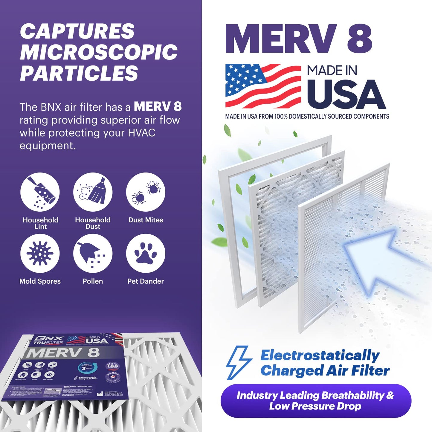 Bnx Trufilter 18X20X1 Air Filter Merv 8 (6-Pack) - Made In Usa - Dust & Pet Defense Electrostatic Pleated Air Conditioner Hvac A