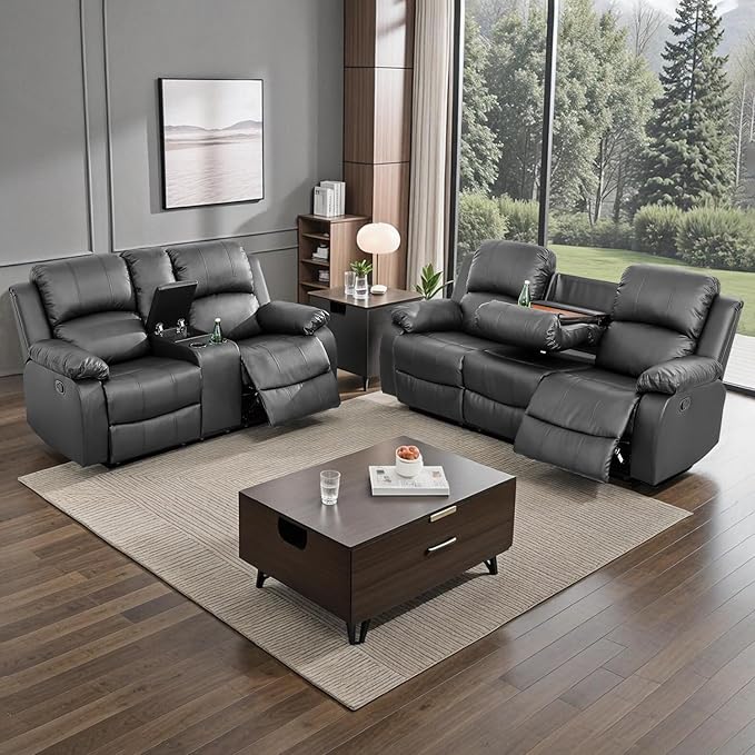 Caberryne Leather Recliner Sofa Set, 2 Pieces, Black, Modern Style, for Living Room/Office/Theater Seating
