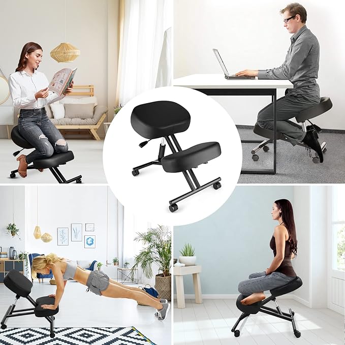 Ergonomic Office Kneeling Chair, Height Adjustable Stool with Thick Foam Cushions and Smooth Gliding Casters to Improve Posture and Relieve Pain, Multifunctional Design for Home and Office