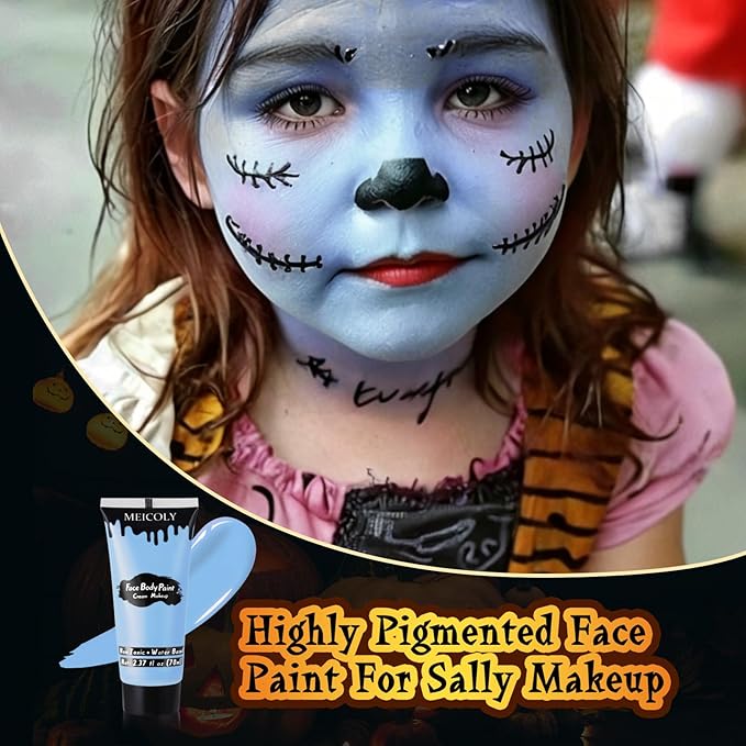 MEICOLY Sally Makeup Kit,Professional Sally Costume Corpse Bride Makeup,Light Blue Face Paint and Setting Powder Halloween Makeup Kit,Sally Face Cosplay,Liquid Eyeliner+False Eyelash+Lipstick+Sponges