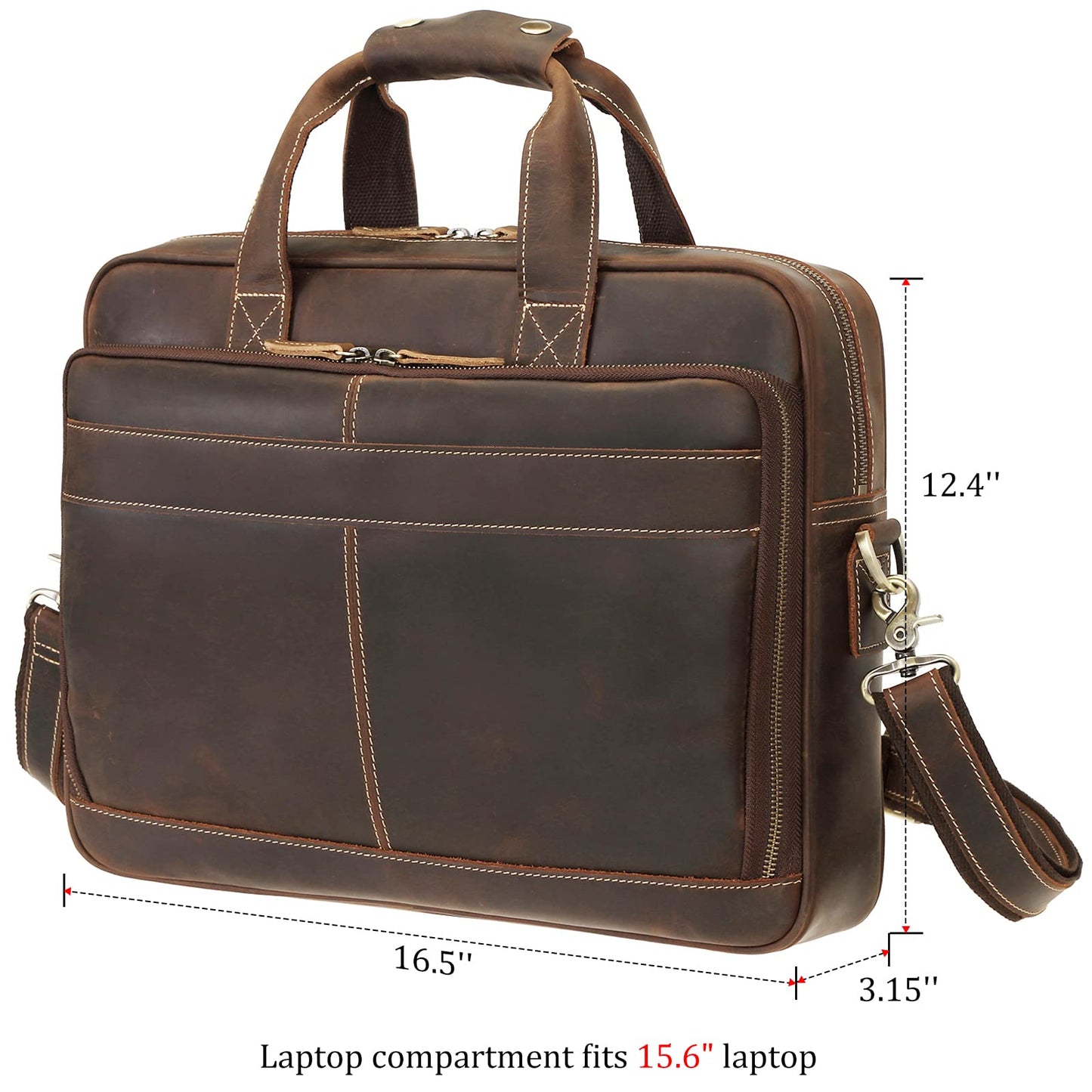Polare Full Grain Leather 16.5'' Laptop Bag Briefcase for Men Business Messenger Work Bag Fits 15.6'' Laptop (Dark Brown)