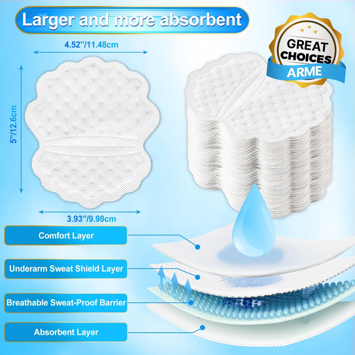 Arme Armpit Sweat Pads, 180 Pcs Wider and larger Underarm Sweat Pads for Men Hyperhidrosis, Disposable Sweat Pads for Under Arms