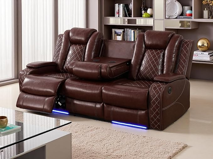 Dekmxas Living Room Furniture Sets, Brown Leather Secitonal Power Recliner Sofa,Power Reclining Sofa Set with 2 Recliner Seats/LED Light/Cup Holder/Storage Console for Living Room/Apartment/Office/RV