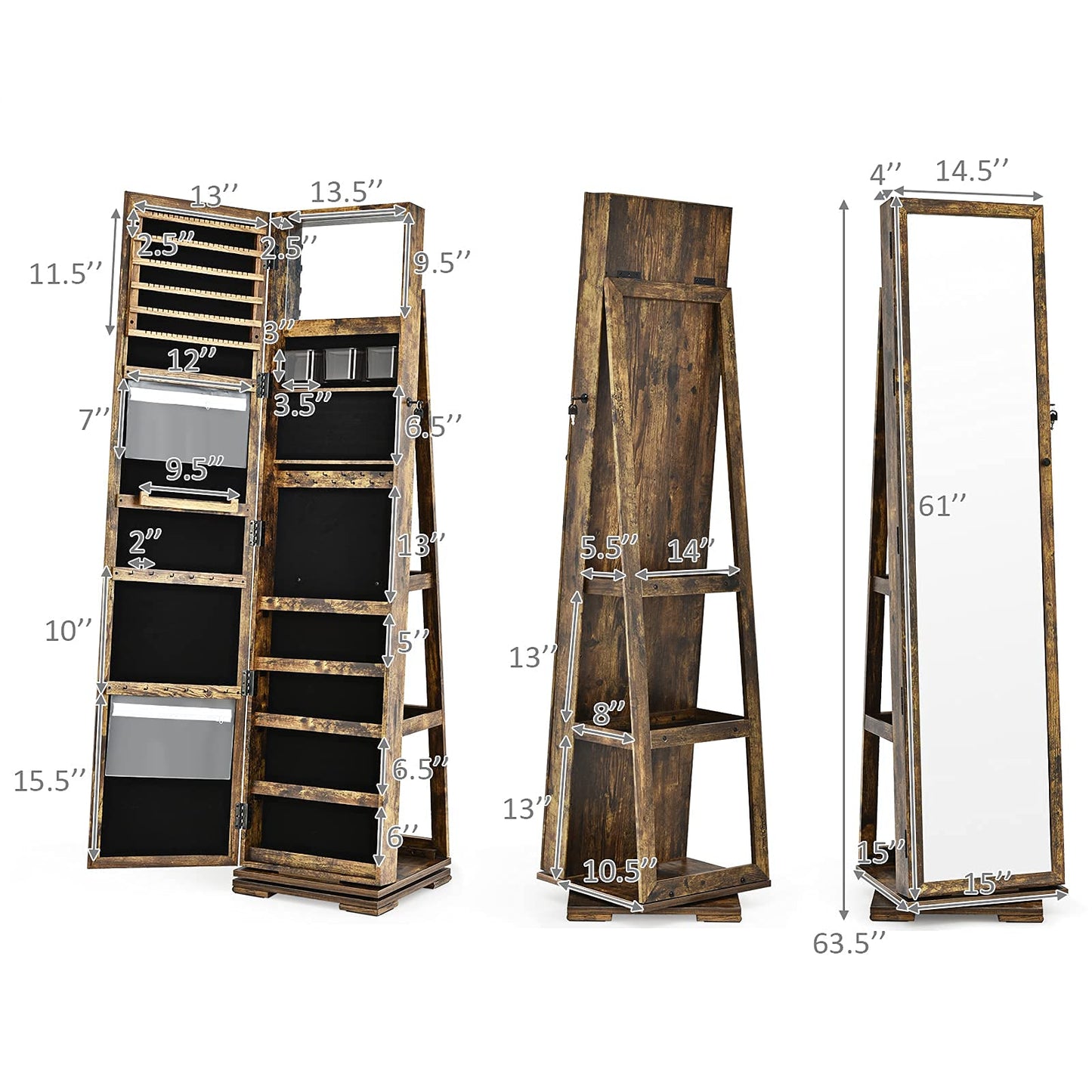 Hysache 360 Rotating Mirrored Jewelry Cabinet, Free Standing Jewelry Armoire, 2-in-1 Lockable Large Capacity Jewelry Organizer w/Full Length Mirror, Inside Makeup Mirror, 78 Ring Slots(CF)