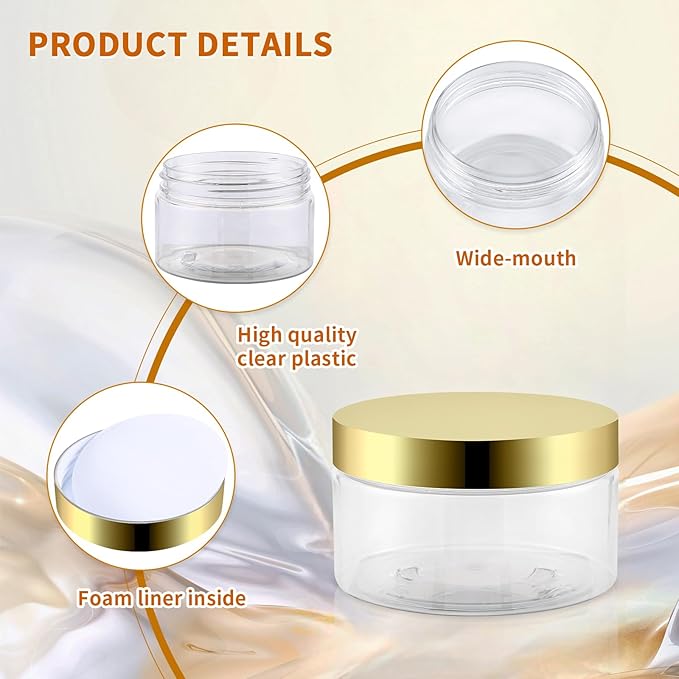 36 Pack 2 Oz Plastic Containers with Gold Lids,Small Clear Empty BPA Free and Refillable Cosmetic Jars Travel Containers for Creams, Lotion, Bath Salts, Sugar Scrub, Slime, Lip Scrub, Makeup