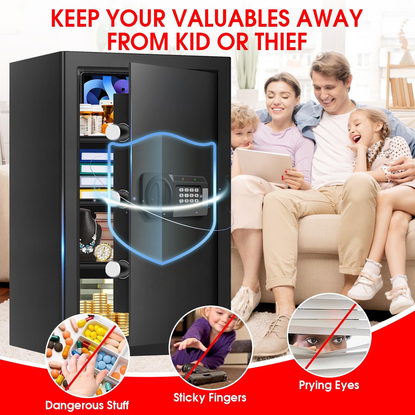 5.1 Cuft Large Home Safes Water and Fireproof with Digital Keypad & Key Lock, Fire Security Safes with 3 Removable Shelves, Anti-Pry Safe Box for Money Documents Jewelry, 23.62"H x14.96"W x 12.2"D