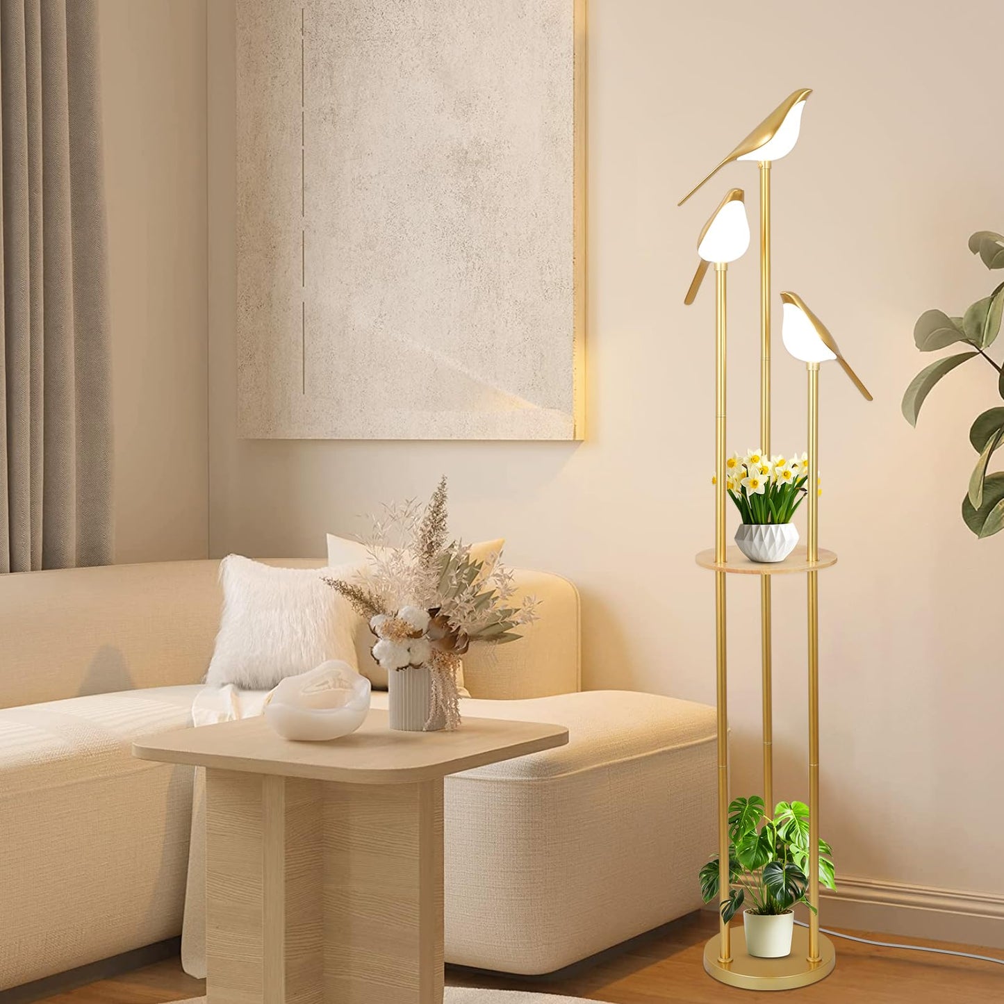 Gold Floor Lamp for Living Room With Shelves - Modern Mid Century Standing Light With 3 Adjustable LED Bird Lights, Corner Tall Lamp With Table, Brass Stand for Bedroom Kids Room