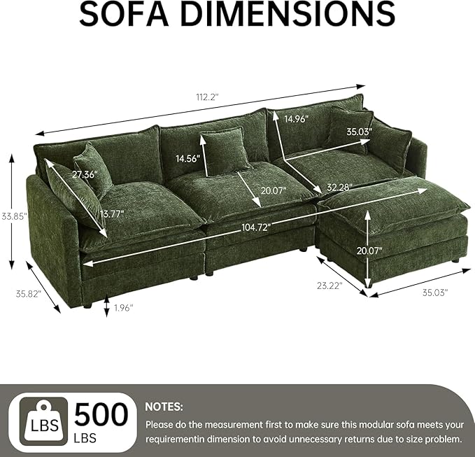 saows Modular Sectional Sofa, 112.2 Inch L Shaped Couch Set with Armrests, 3-Seater Comfy Cloud Couches with Movable Ottoman for Living Room Apartment, Green Sofa