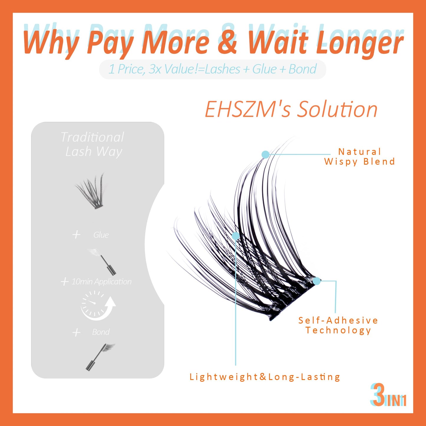 Self Adhesive Eyelashes - EHSZM BEAUTY POP-PRESS No Glue Lash Clusters | 3s Easy Apply, 24H Hold No Plastic Feeling/Damage, Natu