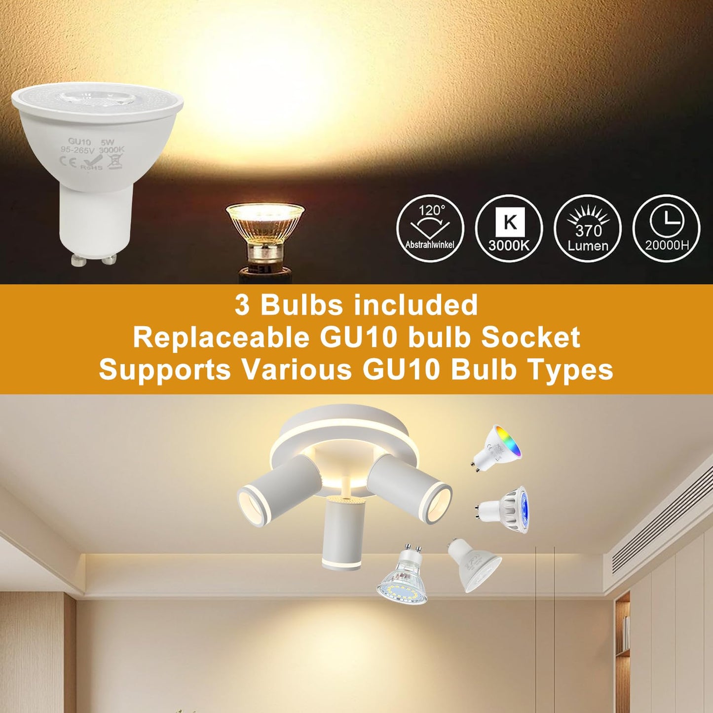 LED 3 Light Track Lighting Kit, White Round Ceiling Spot Lighting Fixture with Flexibly Rotatable Heads, Modern Spotlight for Kitchen, Living Room, Bedroom, Dual Lighting Design,Includes 3 x GU10 Bulb