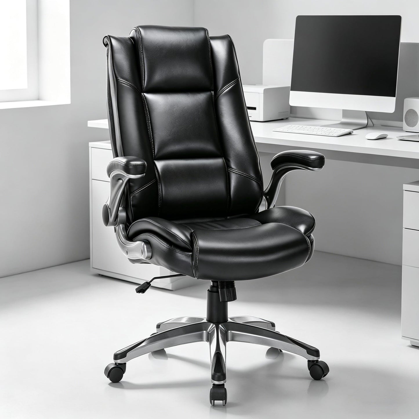 COLAMY Leather Executive Office Chair - High Back Ergonomic Home Computer Desk Chair with Padded Flip-up Arms, Adjustable Tilt Lock, Swivel Rolling Chair for Adult Working Study, Black