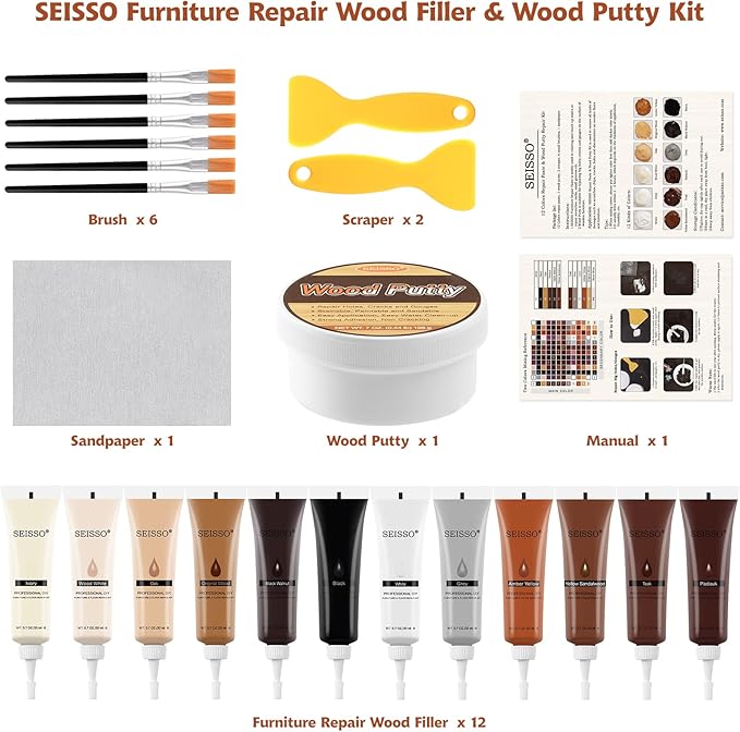 SEISSO Wood Furniture Repair Kit, Wood Putty Repair Fillers, Hardwood Laminate Floor Repair Kit, Restore Any Holes, Scratches, Cracks, Gouges for Wooden Floors, Cabinet, Cherry, Walnut