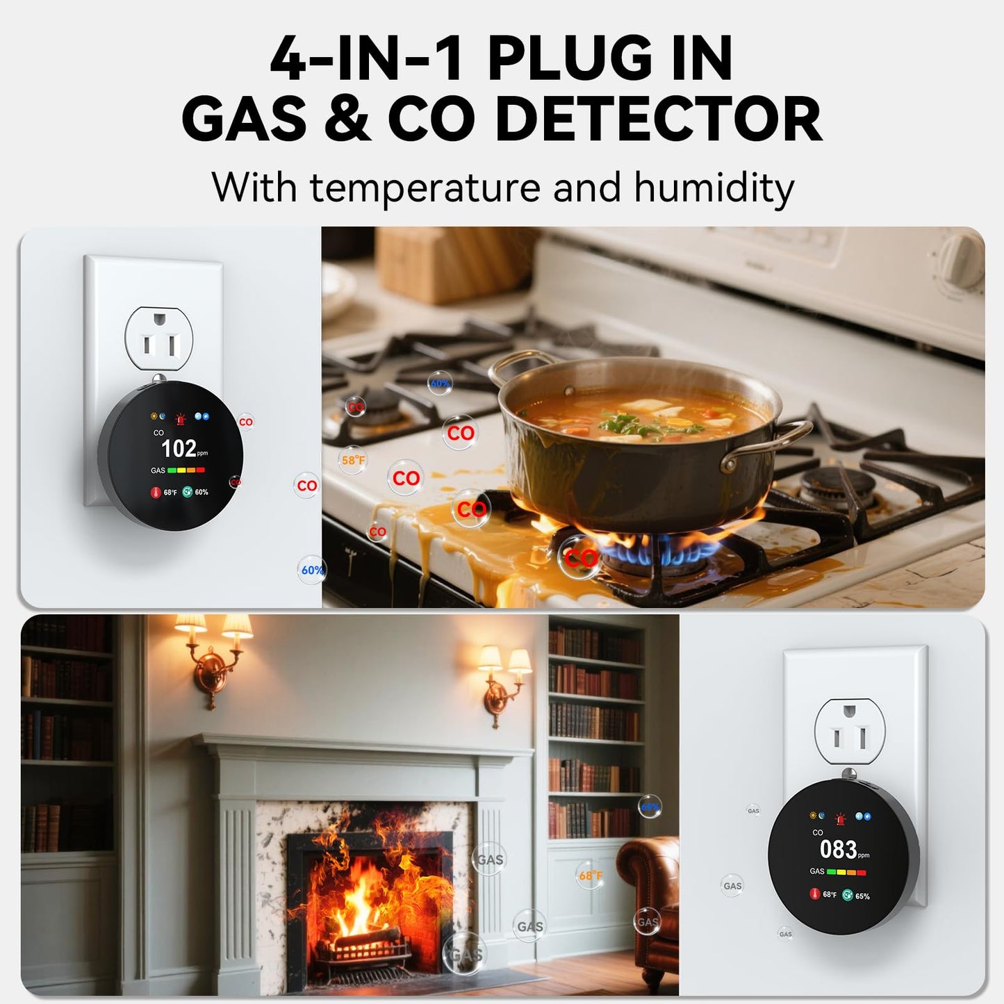 4-in-1 Carbon Monoxide & Gas Detector Plug in, Combination Natural Gas Leak & Carbon Monoxide Alarm, Dual Sensor CO & Gas Detector with Temperature & Humidity, 3 Packs