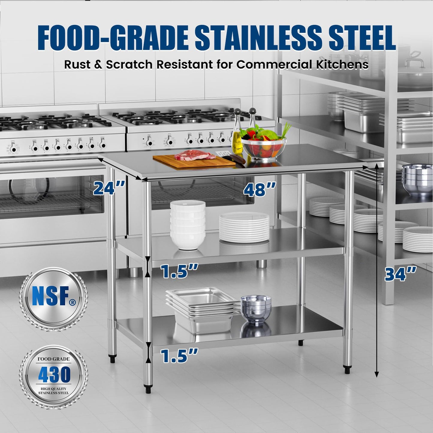 Stainless Steel Work Table 24 x 48 Inch with 2 Adjustable Undershelves, Heavy-Duty Metal Prep Table for Commercial Kitchen & Restaurant, Garage, Outdoor