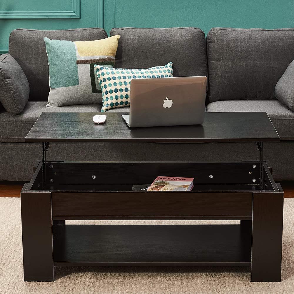 Panana Modern Lift Up Top Coffee Table with Hidden Storage and 1 Shelf Wooden Tea Table Sofa End Table for Living Room, Office, 39.4" x 19.7" x 18.5" (Black)