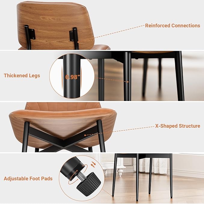 YaFiti Dining Chairs Set of 6, Dining Room and Kitchen Chairs, Mid Century Modern Accent Chair, Upholstered PU Leather Chairs for Vanity with Walnut Bentwood and Metal Legs, Light Tan