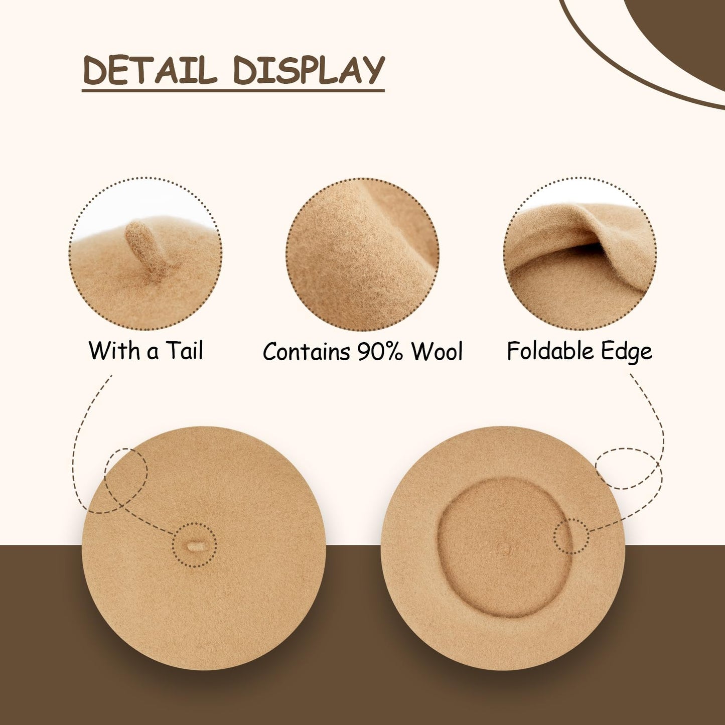 Gllutt Wool Beret Hat French Style Women Solid Color Thicken Warm Multiple Wear Ways 90% Wool (Camel)
