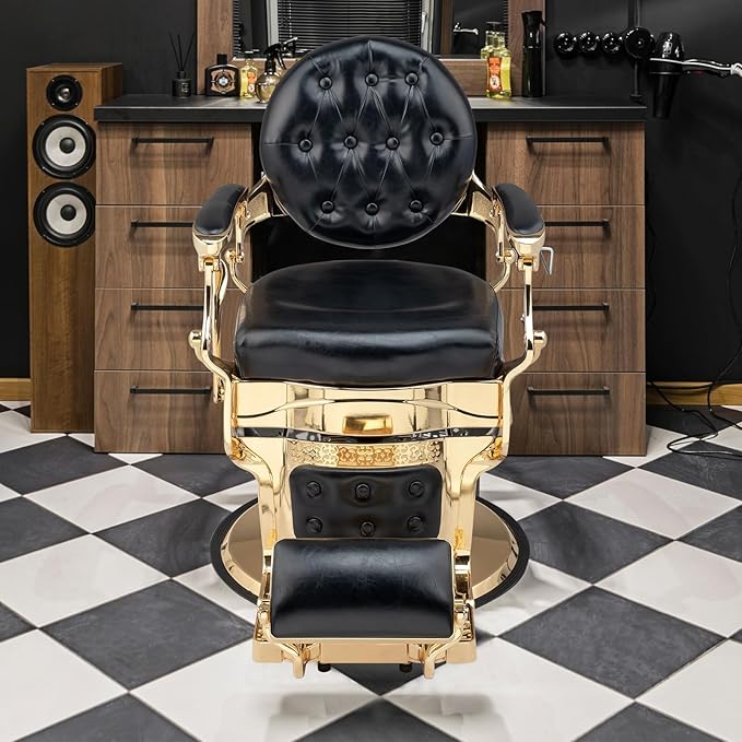 Retro Barber Chair Heavy Duty Professional Salon Chair Reclining, Hydraulic All Purpose Hairdressing Chair for Hair Stylist, Barbershop Beauty Spa Shampoo Equipment, Gold&Black