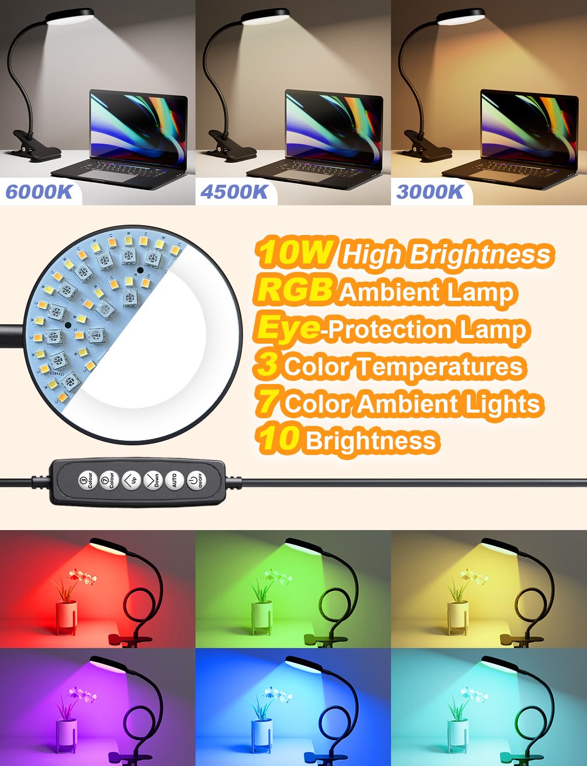 Reifeiniwei Desk Lamp with Clamp-10W，2-in-1 with RGB Ambient Light & Warm White Light,Book Reading Light Color Changeable/Flexible Gooseneck LED Lamps Clip on Bed Headboard and Computers 800LM-Black