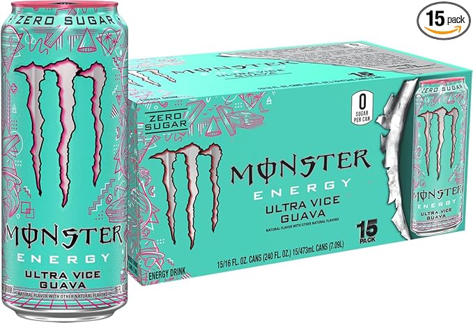 Monster Energy Ultra Vice Guava, Sugar Free Energy Drink, 16 Ounce (Pack of 15)