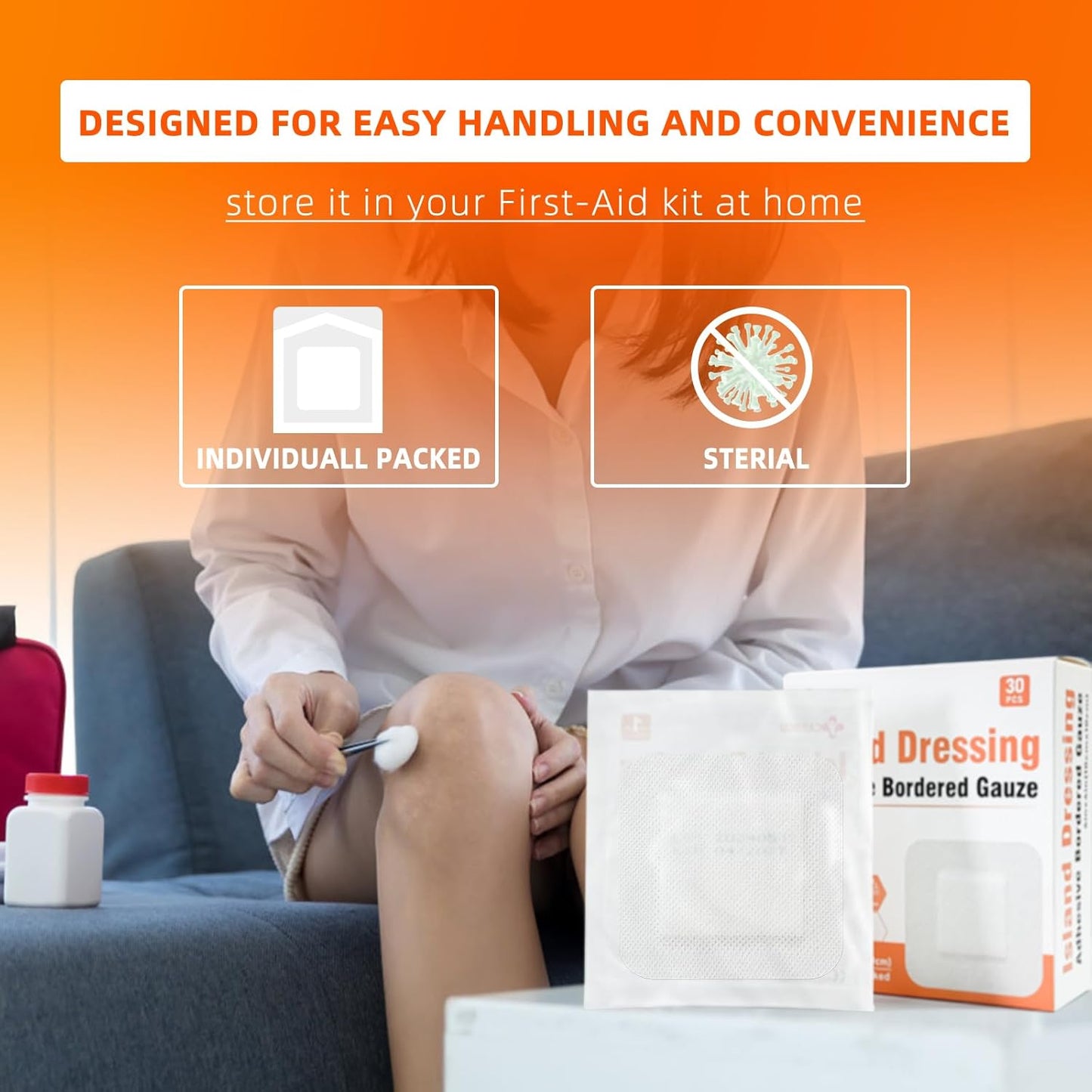 [6''x6''-30count] Carbou Island Dressing Bordered Gauze Sterile Individually Wrapped Gauze Pads,Highly Absorbent Adhesive Dressing Pad,Soft and Breathable Wound Dressing for Wound Care
