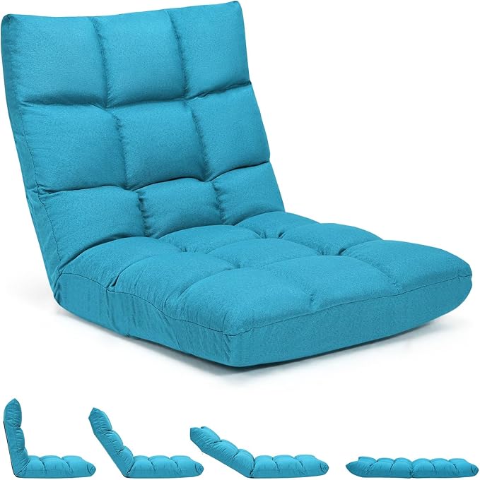 GORELAX Floor Chair with Back Support, 14-Poistion Adjustable Folding Gaming Chair Recliner, Meditation Chair with Steel Frame, Padded Lazy Sofa Chair for Adults, Kids (Turquoise)