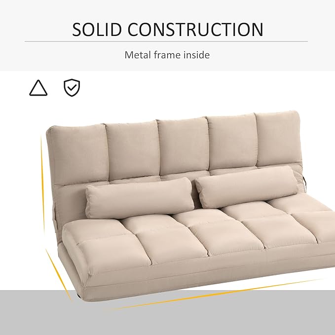 HOMCOM Convertible Floor Sofa Chair, Folding Couch Bed, Guest Chaise Lounge with 2 Pillows, Adjustable Backrest and Headrest, 51.25" L, Beige