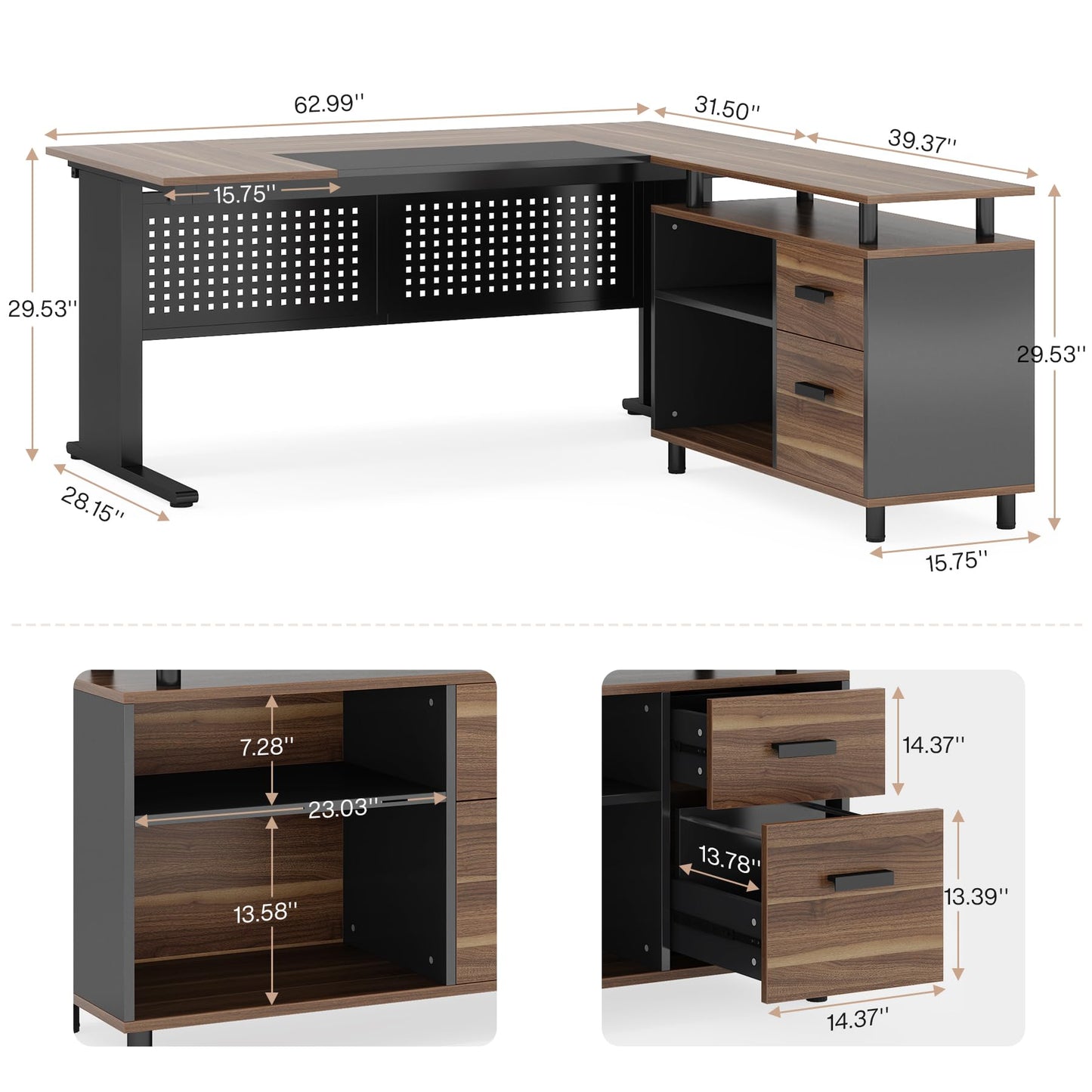 LITTLE TREE Large Computer Desk with File Cabinet, 63 Inch L Shaped Executive Office Desk with Drawers and Storage Shelves, Business Furniture Workstation for Home Office