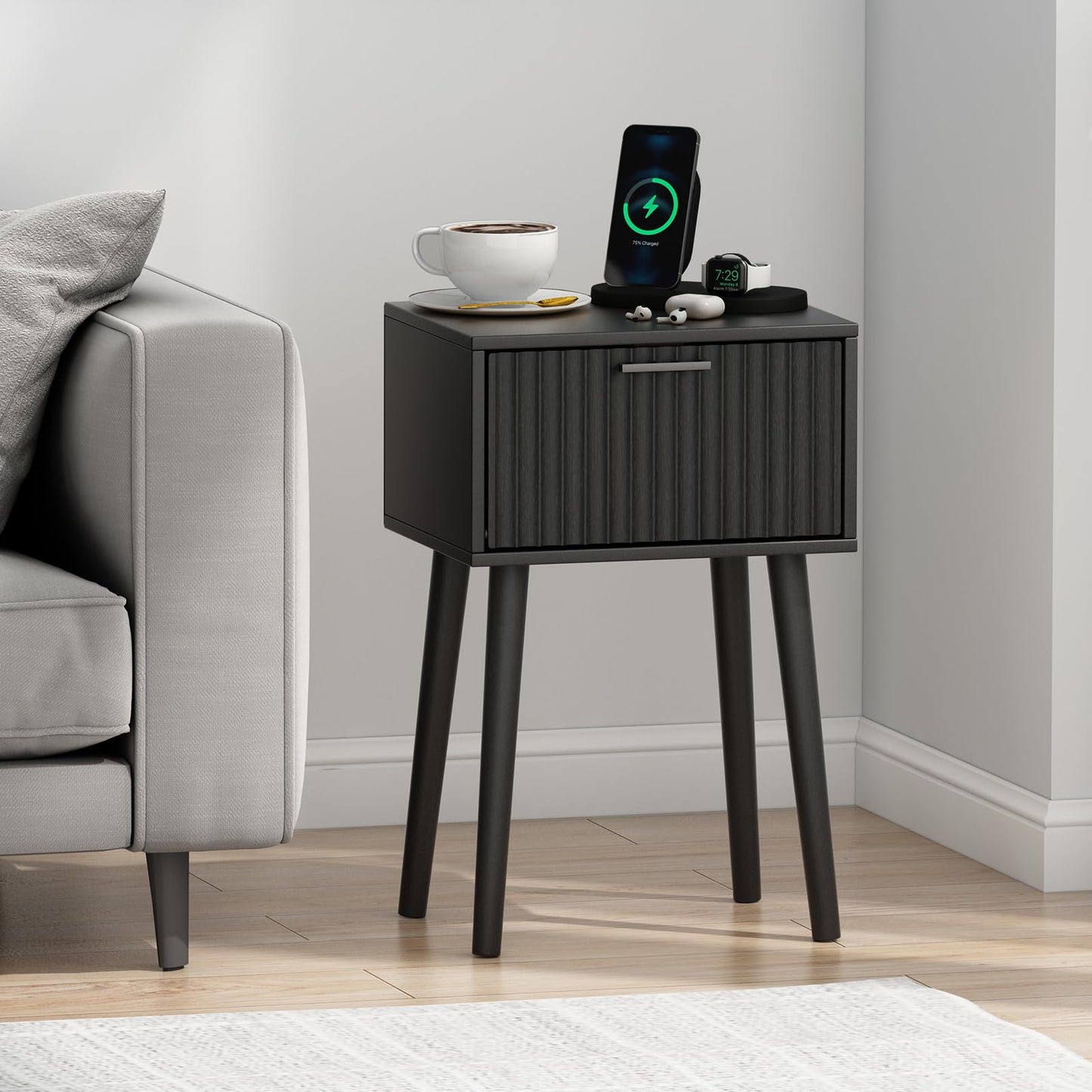 LAATOOREE Nightstands Set of 2, Small Side Table, Bedside Table with Fluted Door, Solid Wood Feet; Modern Mid-Century End Table for Bedroom, Small Space (Black)